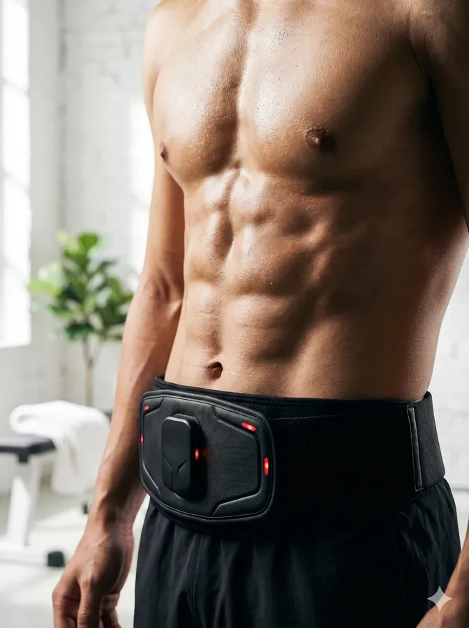 EMS training belt on athletic male abdomen